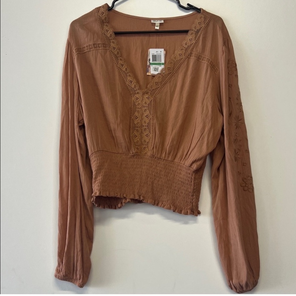 💕NEW💕 RT: $50 Self Esteem Brown Long Sleeve Embroidered Smock Top size Large